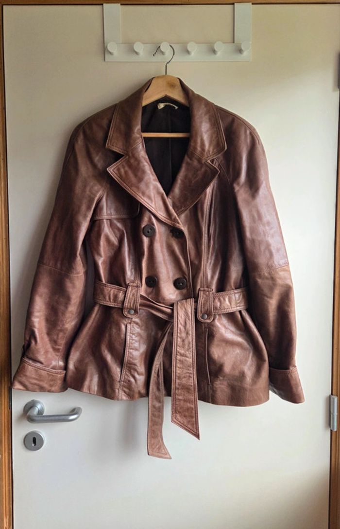 veste en cuir marron promod taille m - ceinturée