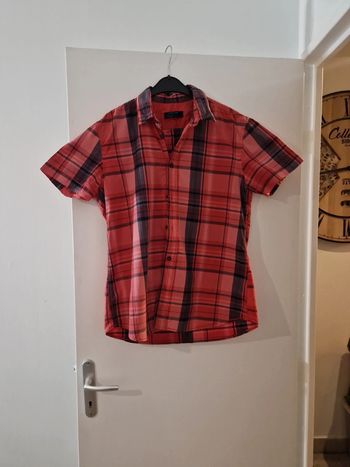 Chemise homme manche courte été carreaux rose rouge bleu casual shirt fitted taille XL jules