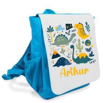 Sac à dos enfant bleu personnalisé prénom - Motif dinosaures stylisés - Rabat imprimé amovible - Sac crèche ou maternelle garçon