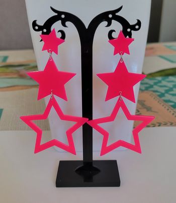 BOUCLES D'OREILLES TRIO D'ETOILES ROSE FLUO DISCO ANNEE 80 ! NEUF!