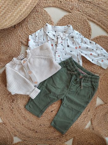 Ensemble complet pantalon Zara, chemise H&M et gilet Kiabi garçon 6 mois