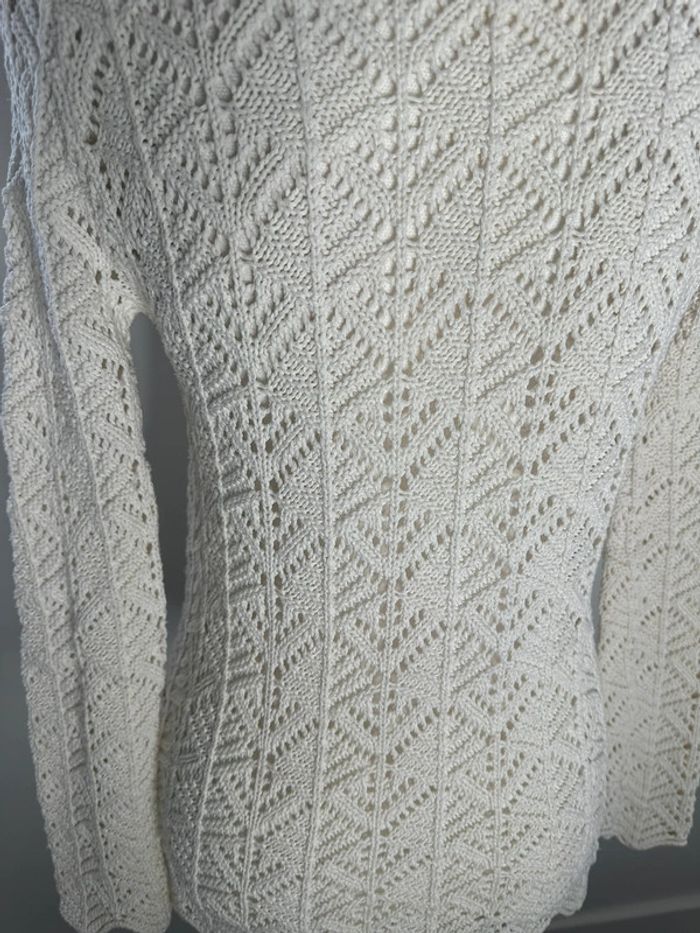 Pull en crochet tricot maille ajourée blanc Vintage T38 M - photo numéro 6