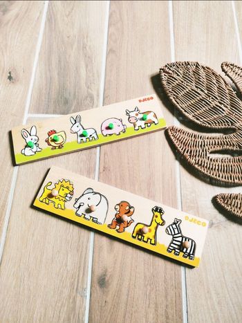 🐑 Jeu motricité fine -Lot 2 Puzzles en bois animaux de la ferme et savane marque Djeco