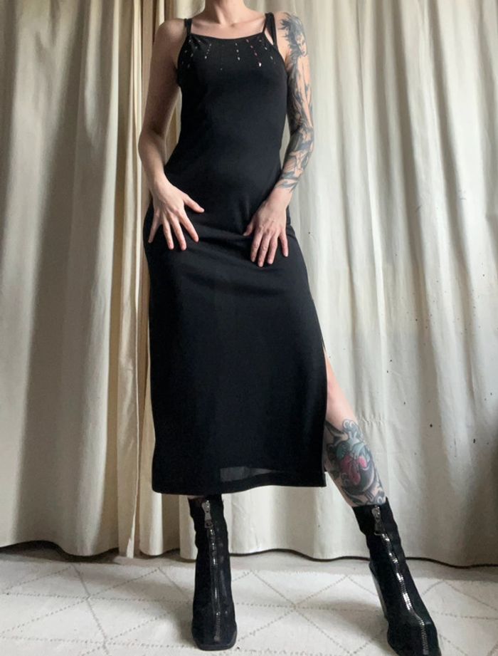 Robe longue fendue dos nu strass vintage Coquette Goth 90s - Taille S - photo numéro 4