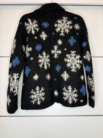 Jones New York Sport Hand Knit Wool Snowflakes Black Sweater Zipper Cardigan Size M-L
