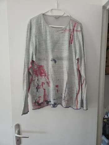 Tee-shirt manche longue femme fin gris à motifs 100% coton TBE taille 54-56 kalais
