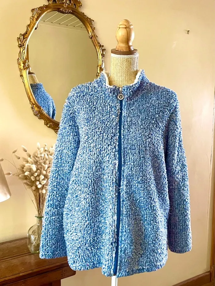 sublime veste teddy bouclette zippée bleu col montant poches cosy confort doux neuf taille M - photo numéro 3