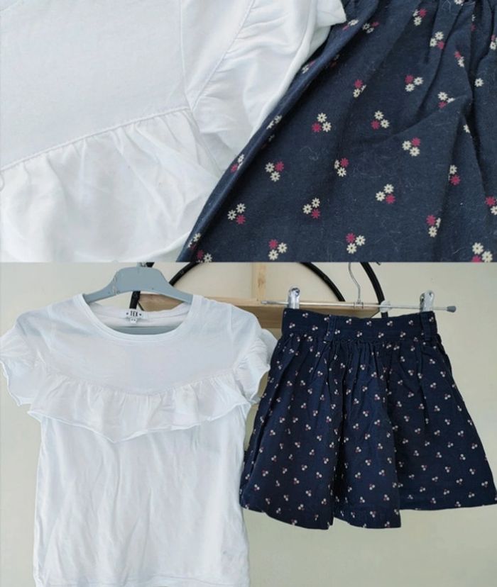 6 ans ensemble été teeshirt tex (5-6 ans taille grand) et jupe Okaïdi (6 ans)
