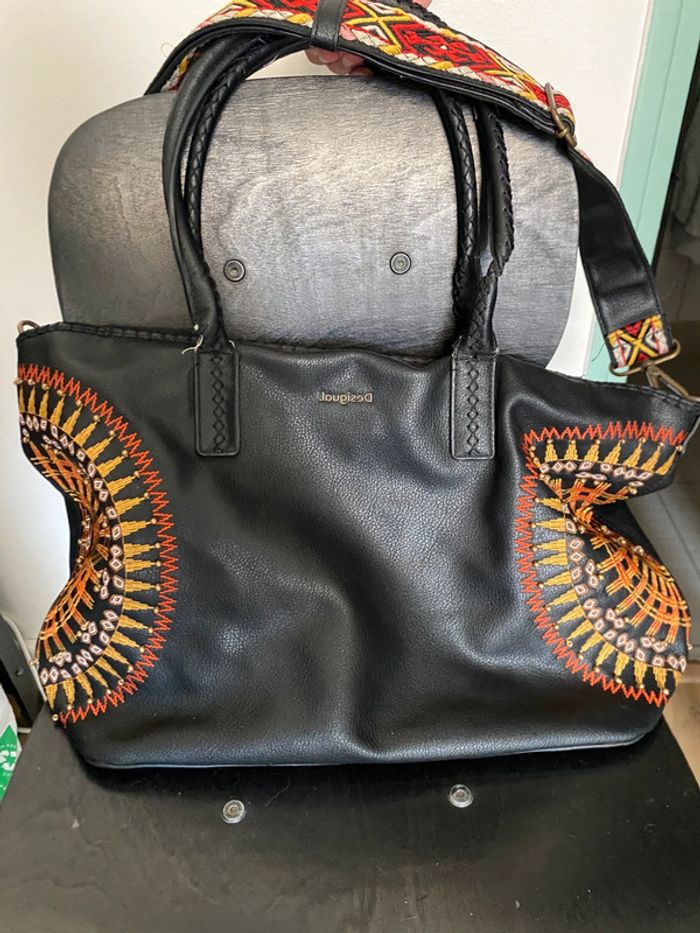 Sac Desigual noir & orange brodé – grand format, original