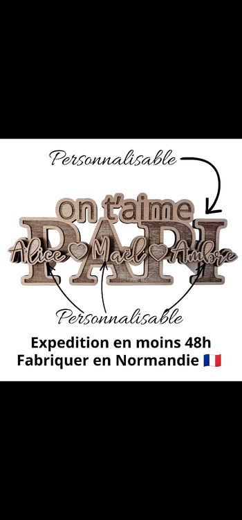 Plaque bois “On t’aime Papi” personnalisable prénoms