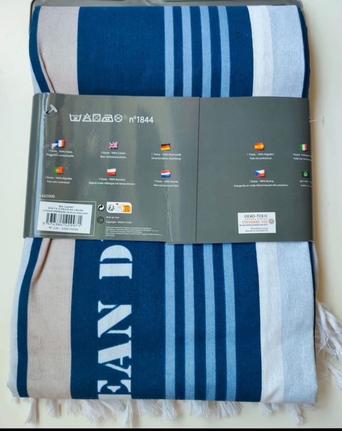 Fouta* ou couverture bleue décorative 100% coton de 140 x 200 cm, Ligne Decor - photo numéro 3