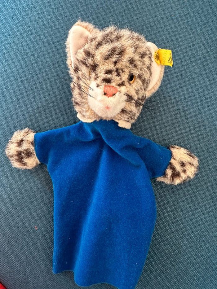 Marionnette à main ancienne Steiff Chat Panthère 28cm robe bleu théâtre traditionnelle