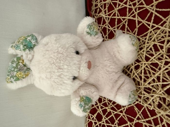 doudou vintage lapin grelot blanc fleuris - photo numéro 4