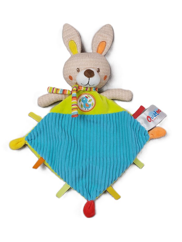 Doudou plat lapin beige OUATOO BABY bleu vert orange médaillon oiseau écharpe TTBE