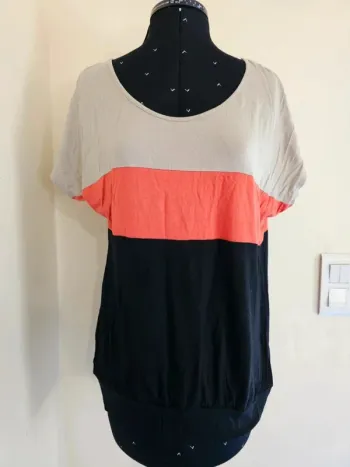🌈 Top Femme Color Block Beige Corail Noir - Détail Dos Noué - Taille Unique 🌈