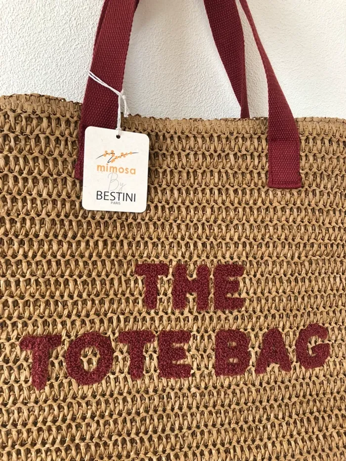 Cabas tote bag sac de plage beige bordeaux - photo numéro 2