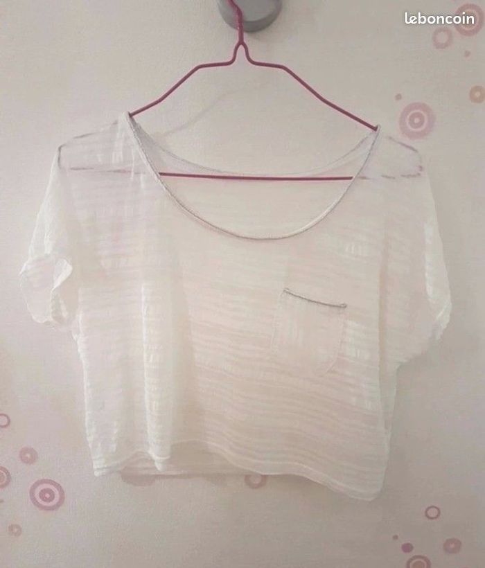 Top court blanc et argent Cache Cache taille 1, (tbe)