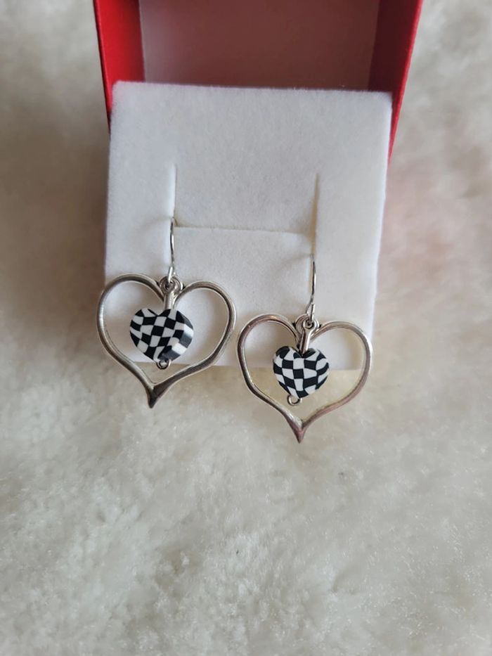 Boucles d oreilles silver et cœur vichy