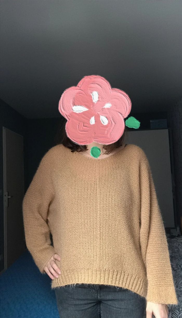 Pull marron clair à mailles toucher doux fluffy 100% acrylique Taille Unique Neuf avec étiquette - photo numéro 3