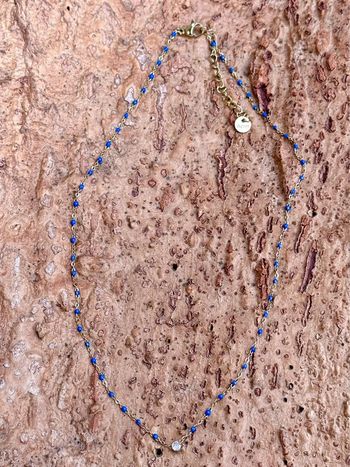 Collier perles résine bleu zircon acier inoxydable or