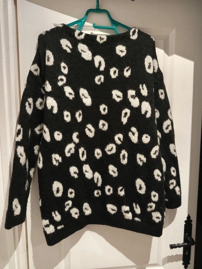 🌸 Pull d'hiver long Esprit noir imprimé léopard blanc L 40 acrylique polyester mohair elasthanne - photo numéro 2