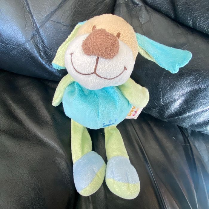 DOUDOU CHIEN BEIGE BLEU VERT DOUKIDOU 23CM