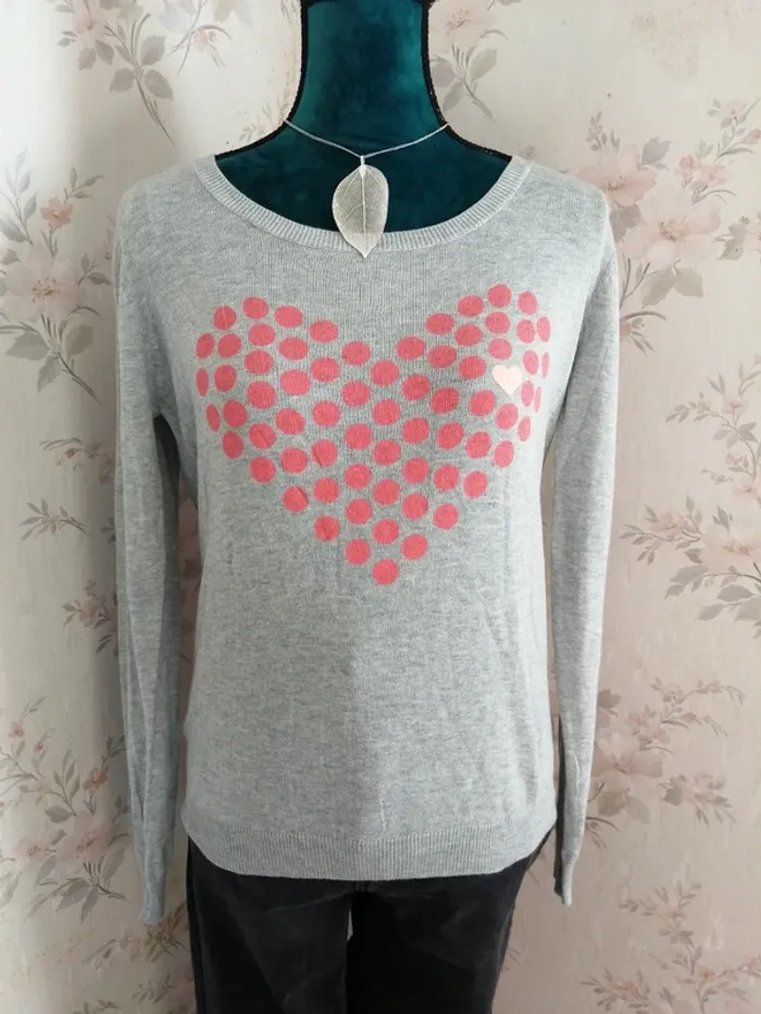 Pull fin Gris à motifs coeur avec des ronds corails / only / (S) - photo numéro 2