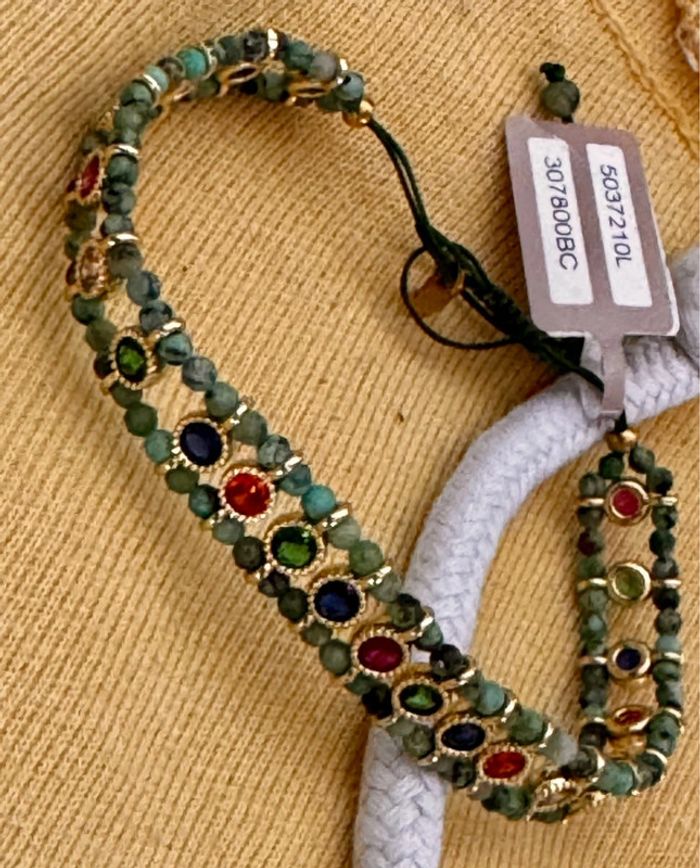 Bracelet manchette réglable acier inoxydable or malachite zircons couleurs habaha Paris - photo numéro 6