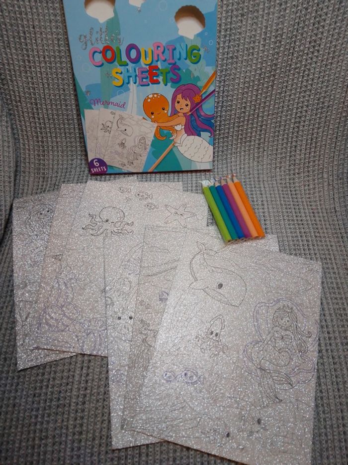 6 cartes pailletées à colorier + crayons "Sirènes" - photo numéro 2