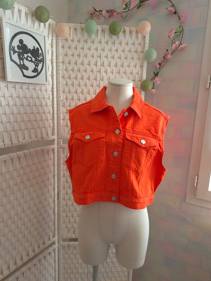 💕Jolie Veste en jean sans manches / Gilet cropped - BZB Orange  -femme  T.M 💕