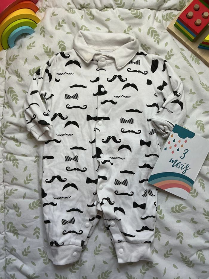 combinaison sans pieds blanc motifs moustache ouverture devant 3 mois newborn - photo numéro 2