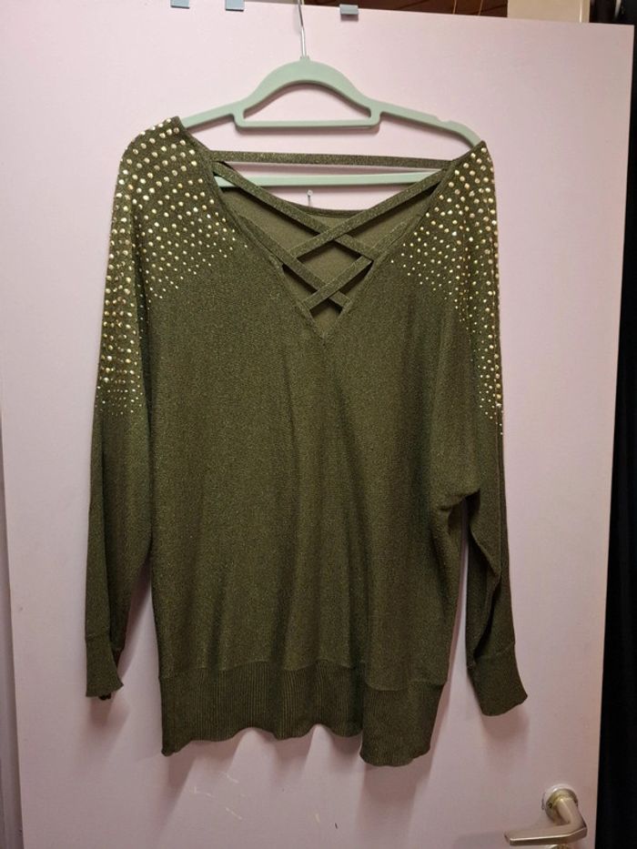 Pull femme kaki à paillette - photo numéro 3