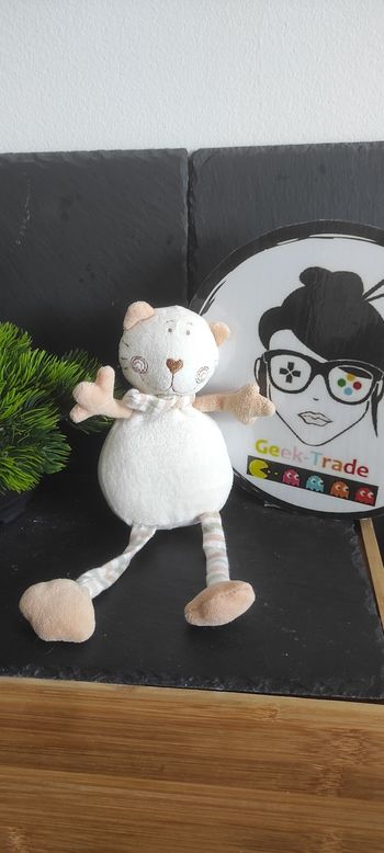 Doudou peluche chat ours beige crème jambe écharpe rayé coeur spirale marron testex