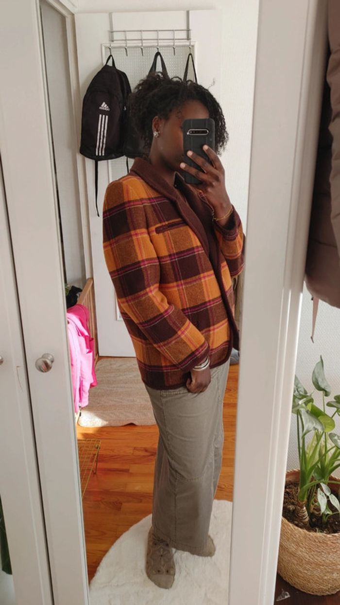 Veste en laine vintage oversize carreaux orange brun marron - photo numéro 7
