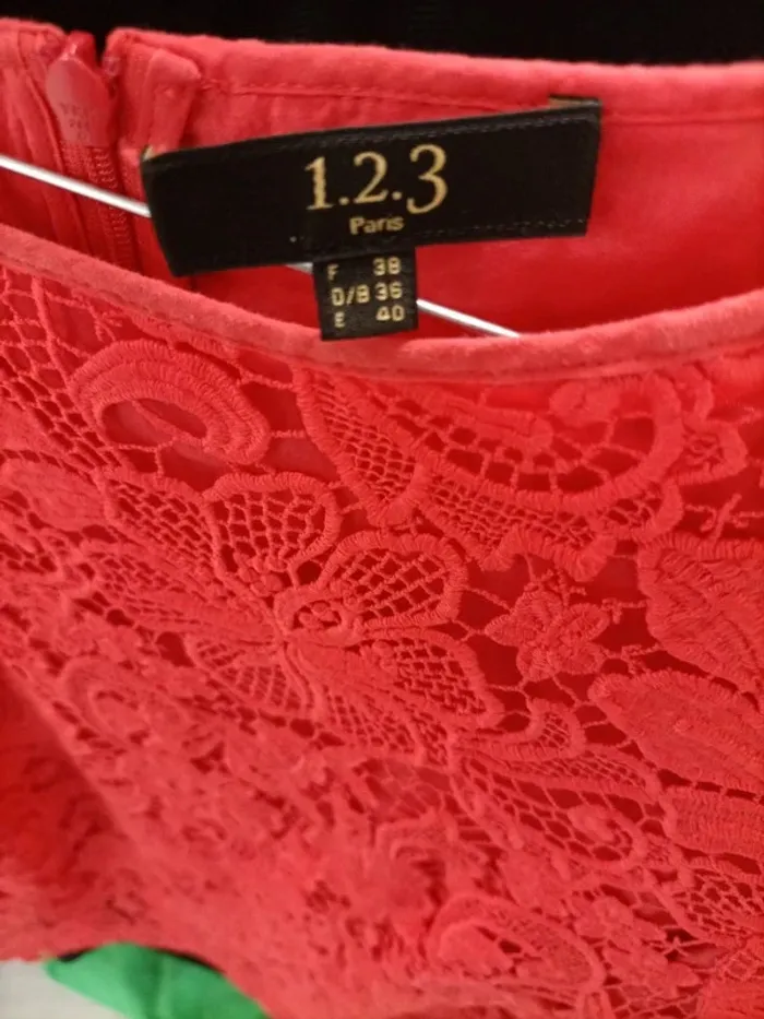 Tshirt guipure dentelle épaisse opaque rouge corail vif florale A160 - photo numéro 5