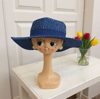 grand chapeau paille neuf taille unique bleu marine paillettes ruban cérémonie