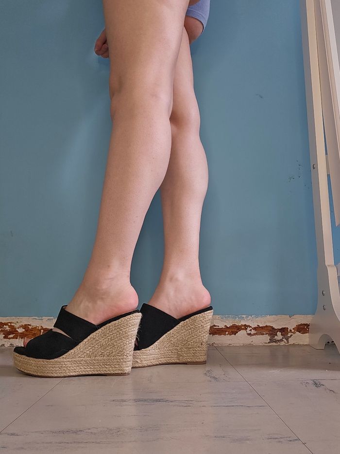 Mules été noir talons compensé paille chaussea très bon état - photo numéro 2