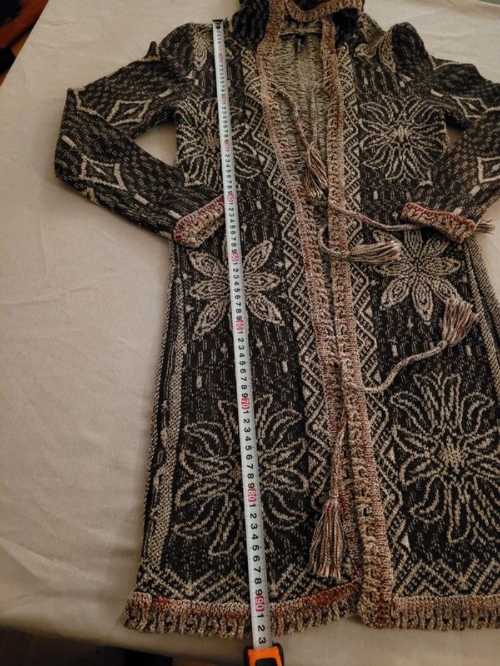 Veste gilet long à capuche en maille, marron et beige - photo numéro 8