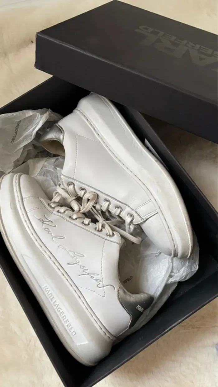 Baskets blanches et argentées à lacets - logo - Karl Lagerfeld - photo numéro 2