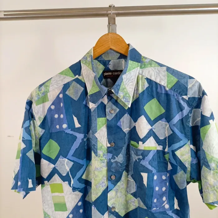 Chemise Pierre Cardin vintage imprimé graphique bleu vert manches courtes Taille 50 A1382 - photo numéro 3