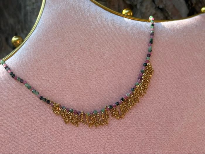 Collier réglable perles naturelles jade vert rose améthyste chaînes acier inoxydable or habaha Paris - photo numéro 4