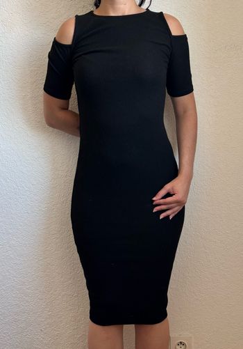 Robe noire pimkie mi longue midi taille 34/36 XS/S – maille stretch – épaules fendues – fendue bas