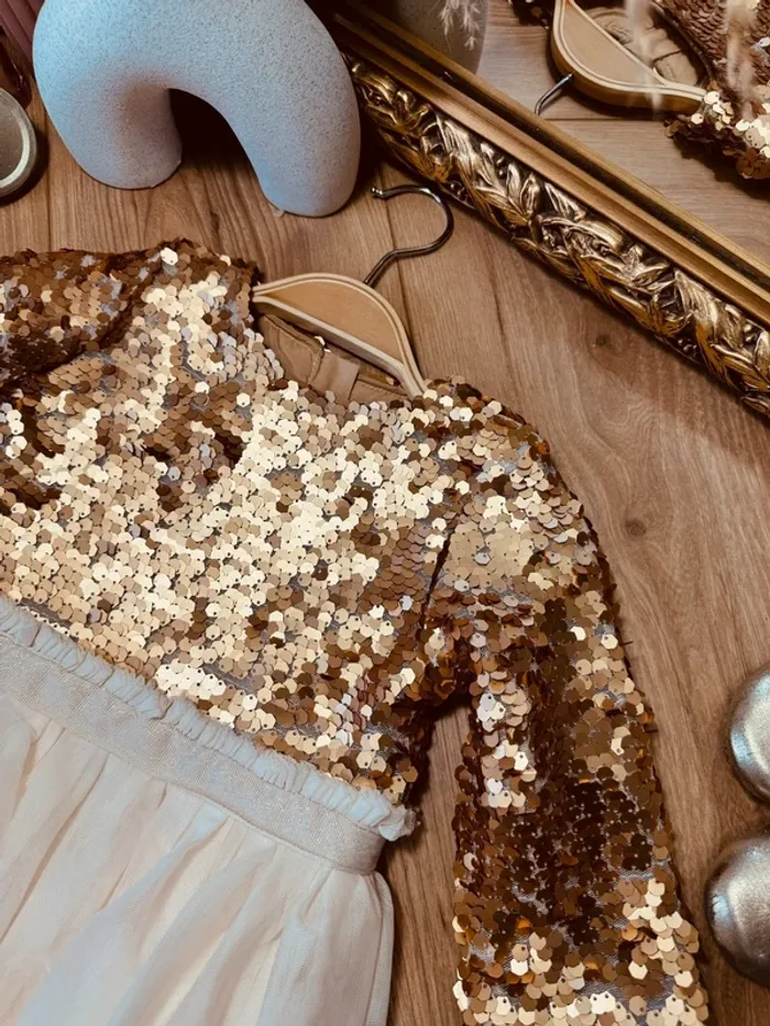 Taille 3-4 ans robe longue créateur fille TAO crème bronze * sequins tulle * 🌸 - photo numéro 2