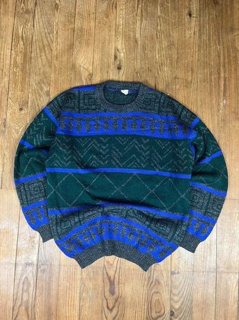 Pull maille vintage laine motifs rayures multicolore Made in France L