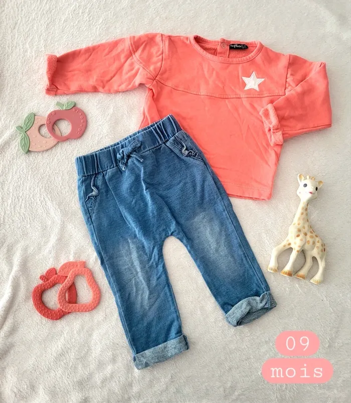 Ensemble mi saison pull corail jeans souple 09mois