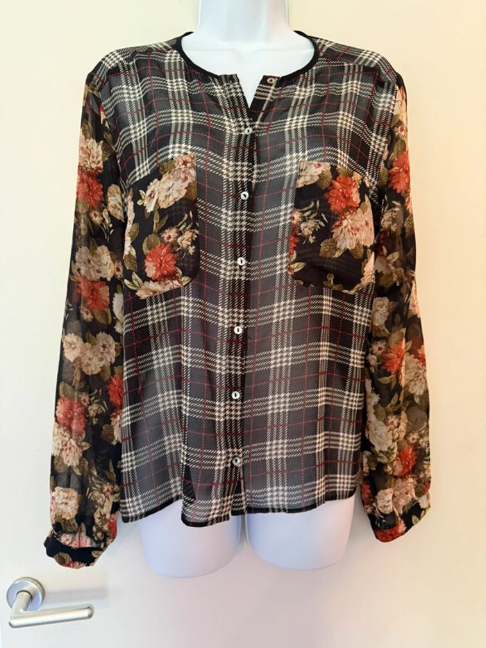 Chemise à carreaux et fleuri Mango