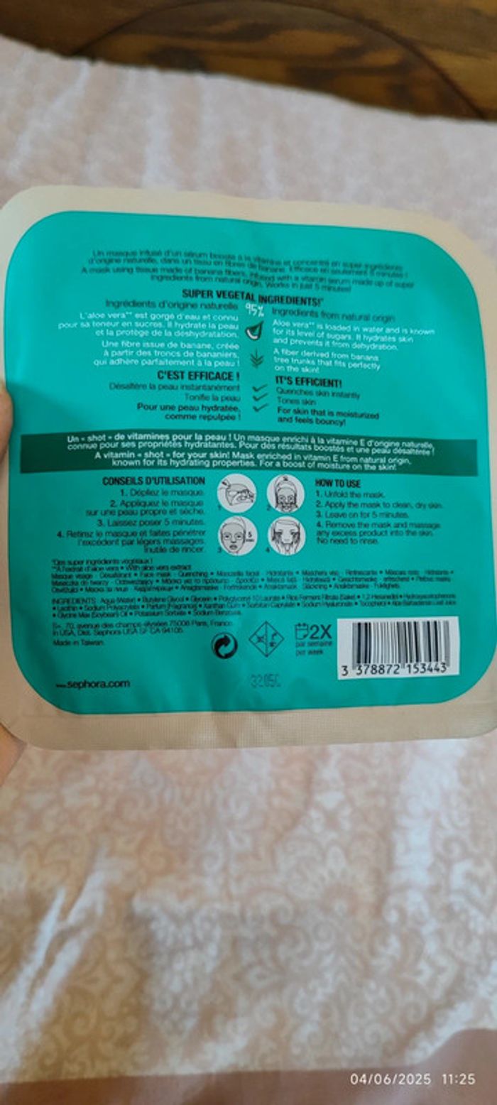 Sephora Masque Visage Hydratant Vitamine E Aloe Vera 95% Supers Ingrédients d'origine naturelle - photo numéro 2