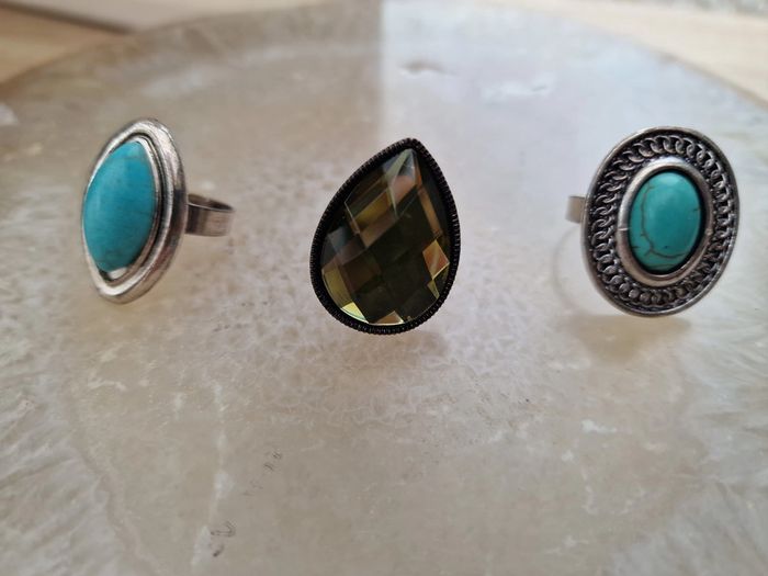 Lot 3 Bagues Réglables Argentées Turquoise Strass - photo numéro 4