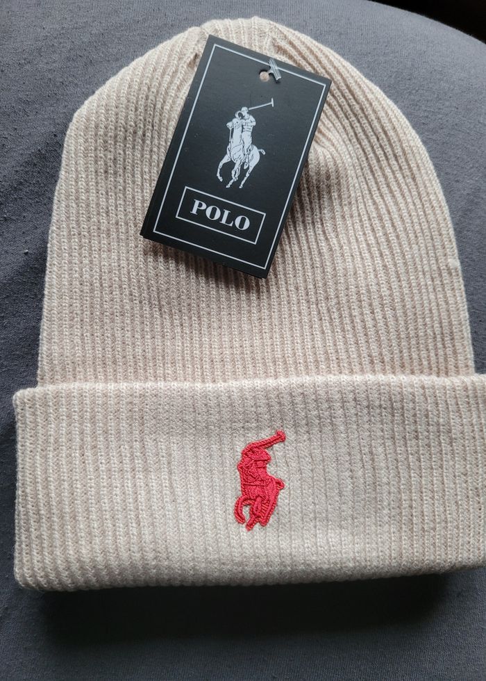 Bonnet ralph lauren beige logo rouge