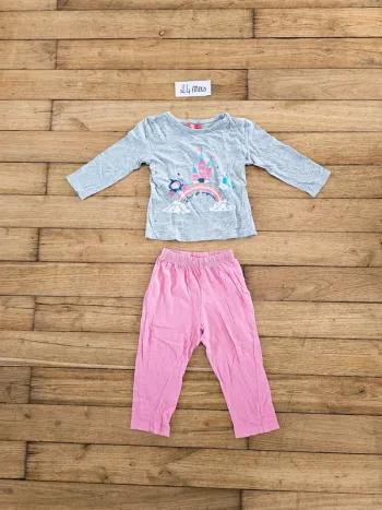 Pyjama 2 pièces en coton gris et rose princesse royaume bébé fille 24 mois 2 ans
